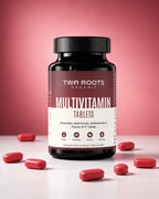 Multivitamin bottle labeled 'Two Roots' with red tablets on a pink background