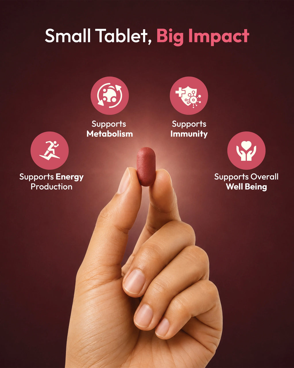 Hand holding a small tablet with icons and text about its benefits on a dark red background