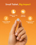 Hand holding a small tablet with icons and text on an orange background