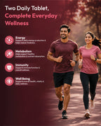 Two people running outdoors with a product advertisement overlay on a red background.