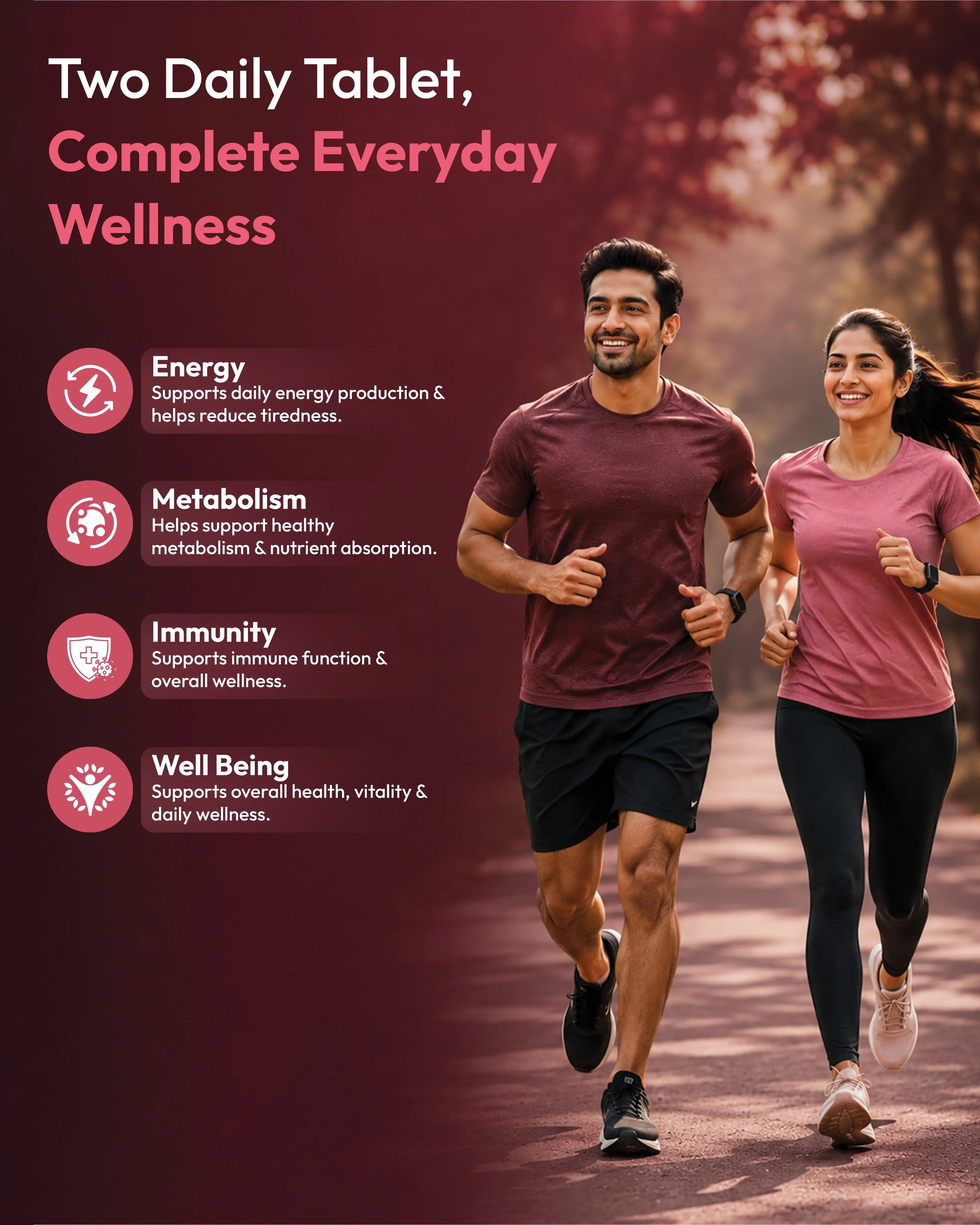 Two people running outdoors with a product advertisement overlay on a red background.