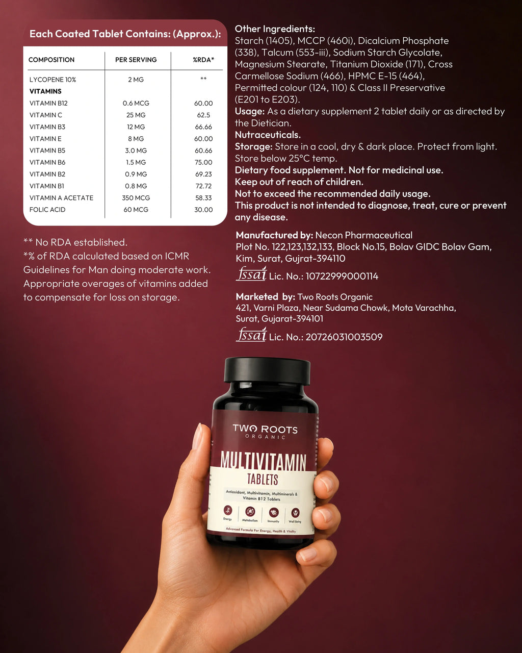Multivitamin tablet bottle held in a hand with product label and supplement information on a red background