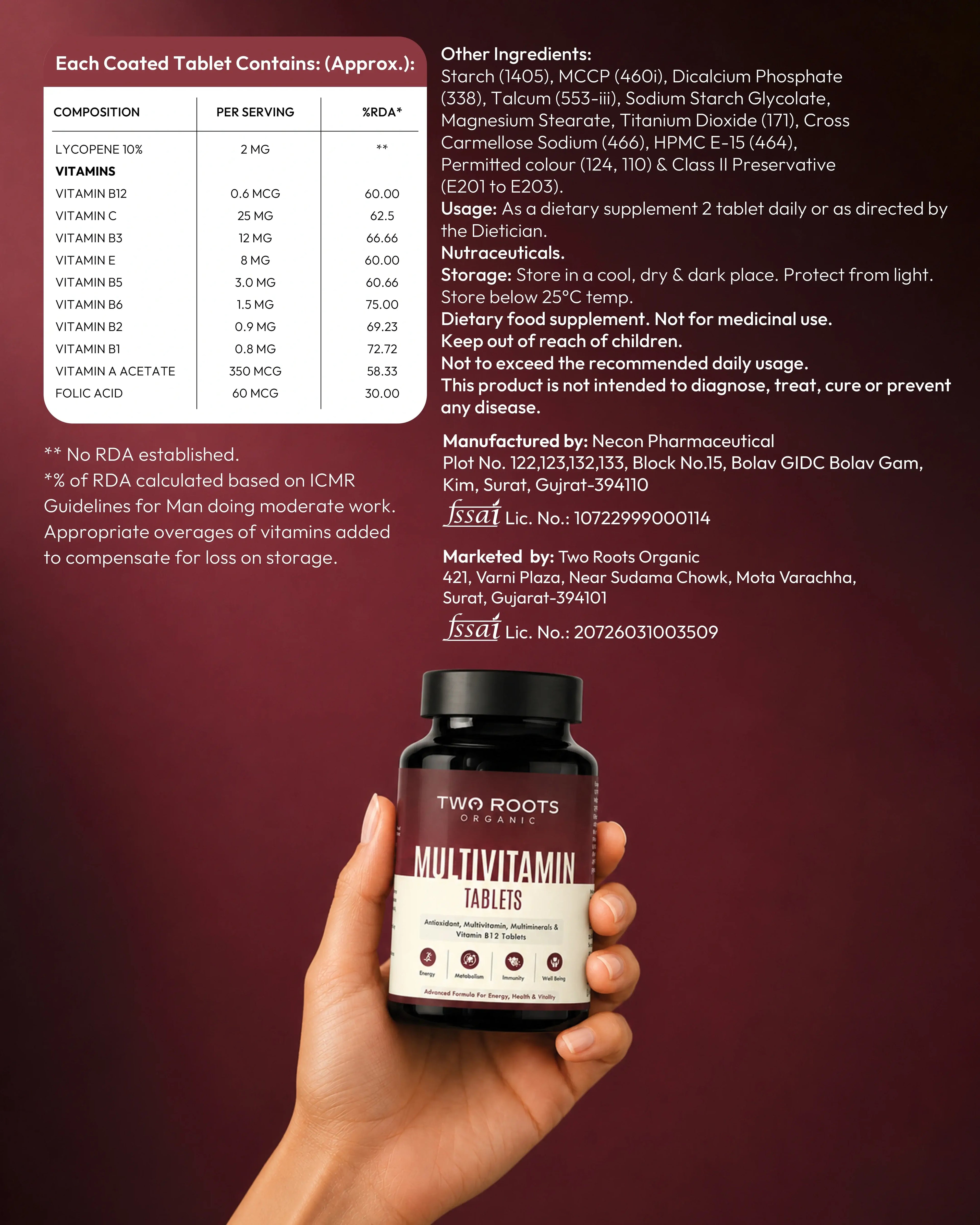 Multivitamin tablet bottle held in a hand with product label and supplement information on a red background