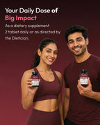 Two people holding dietary supplement bottles with text about daily dosage on a dark background