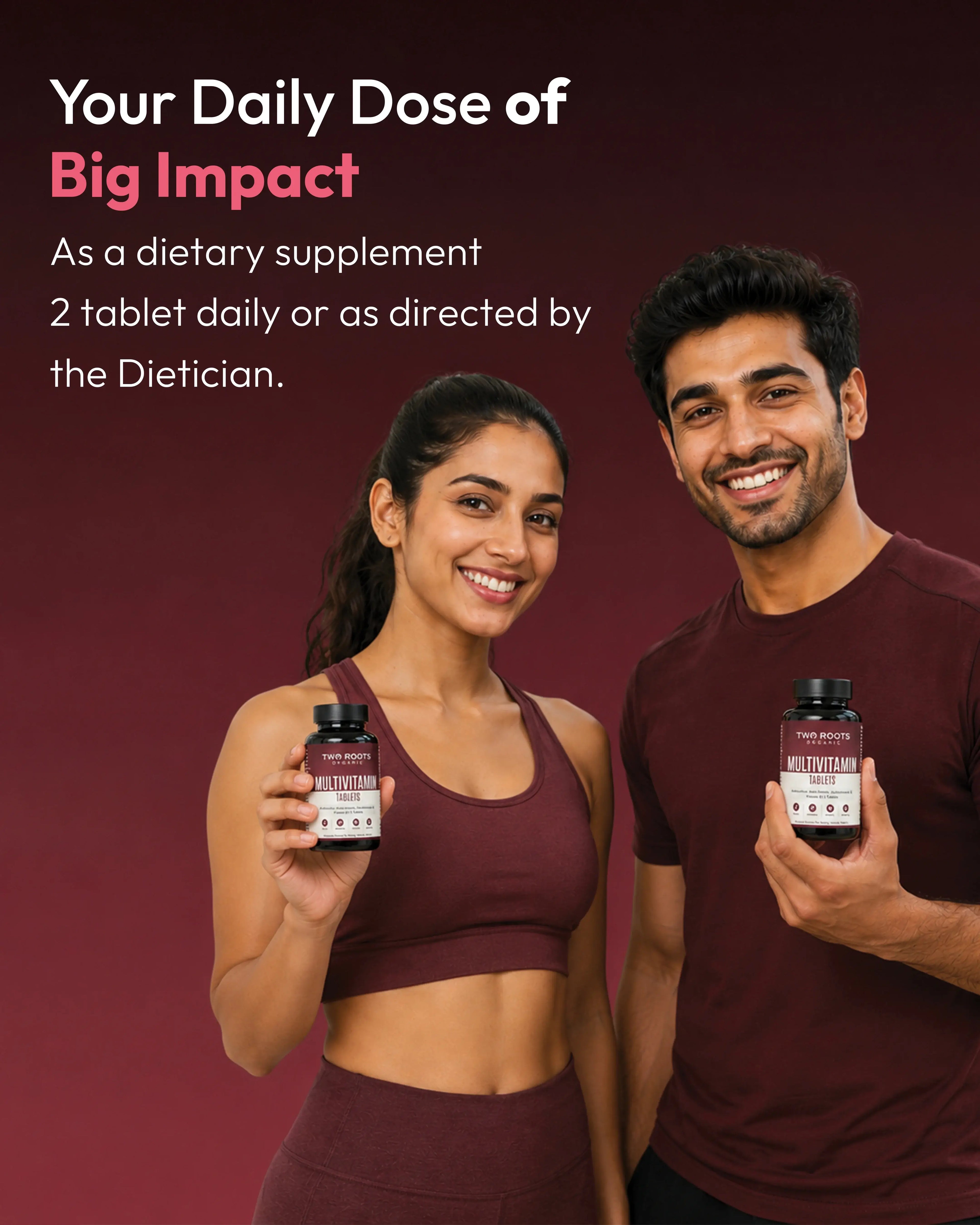 Two people holding dietary supplement bottles with text about daily dosage on a dark background