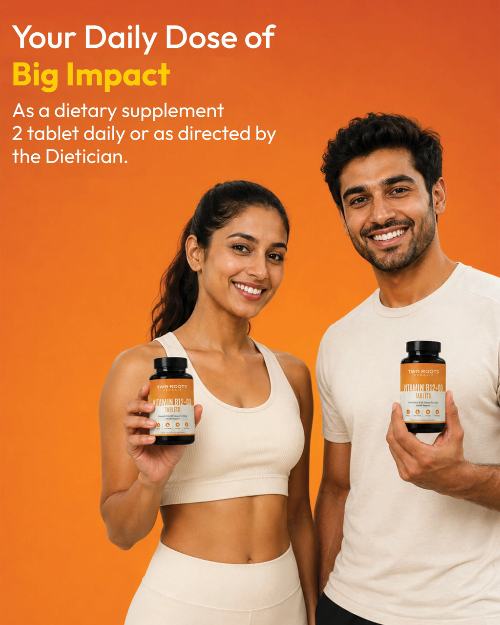 Two people holding dietary supplement bottles with an orange background and text about daily dose and impact.