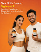 Two people holding dietary supplement bottles with an orange background and text about daily dose and impact.