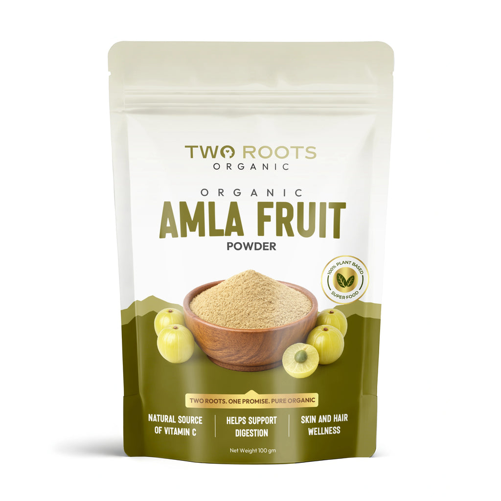 Two Roots Organic Amla Fruit Powder packaging on a white background