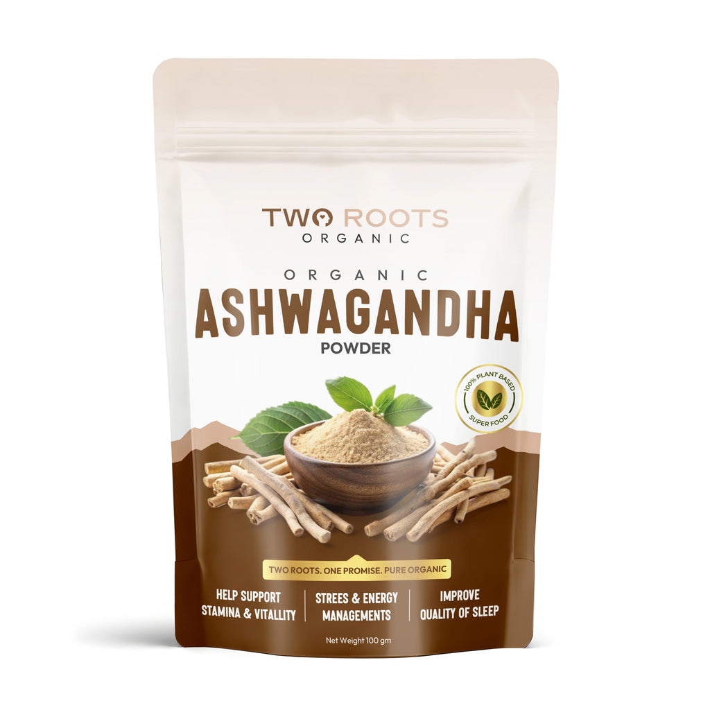 Two Roots Organic Ashwagandha powder packaging on a white background