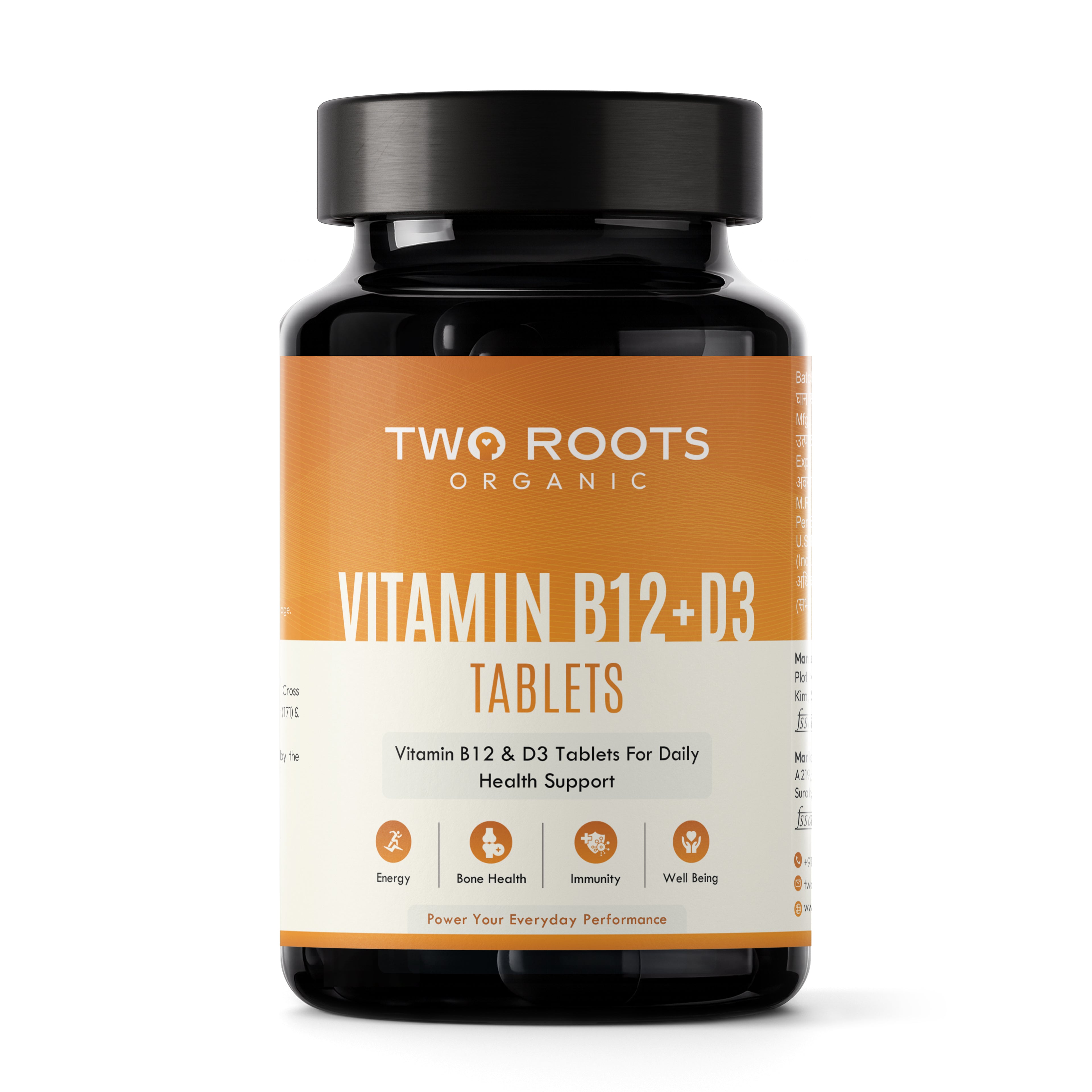 Two Roots Organic Vitamin B12+D3 Tablets bottle on a white background