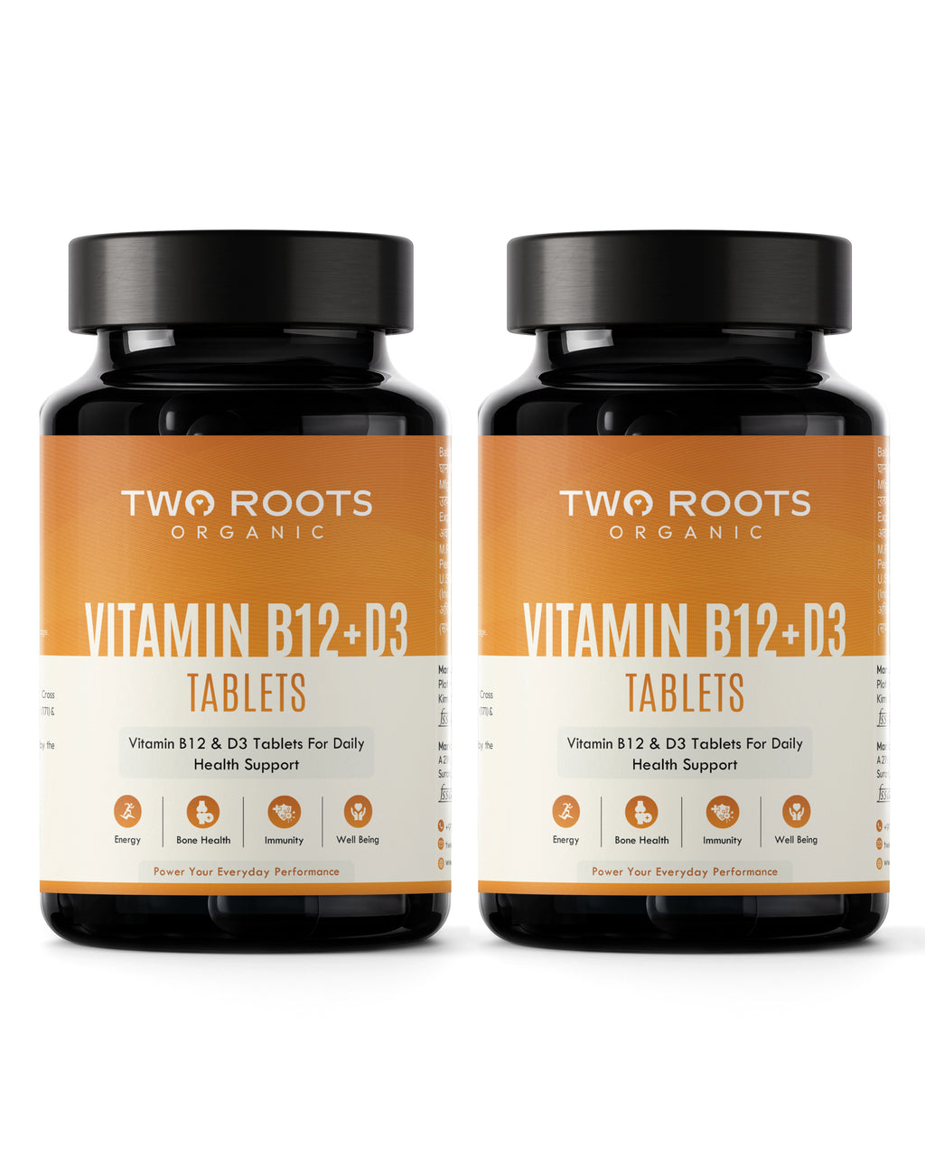 Two bottles of Two Roots Organic Vitamin B12+D3 Tablets on a white background