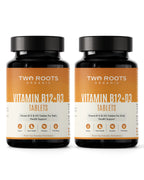 Two bottles of Two Roots Organic Vitamin B12+D3 Tablets on a white background