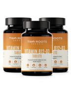 Three bottles of Two Roots Organic Vitamin B12+D3 Tablets on a white background