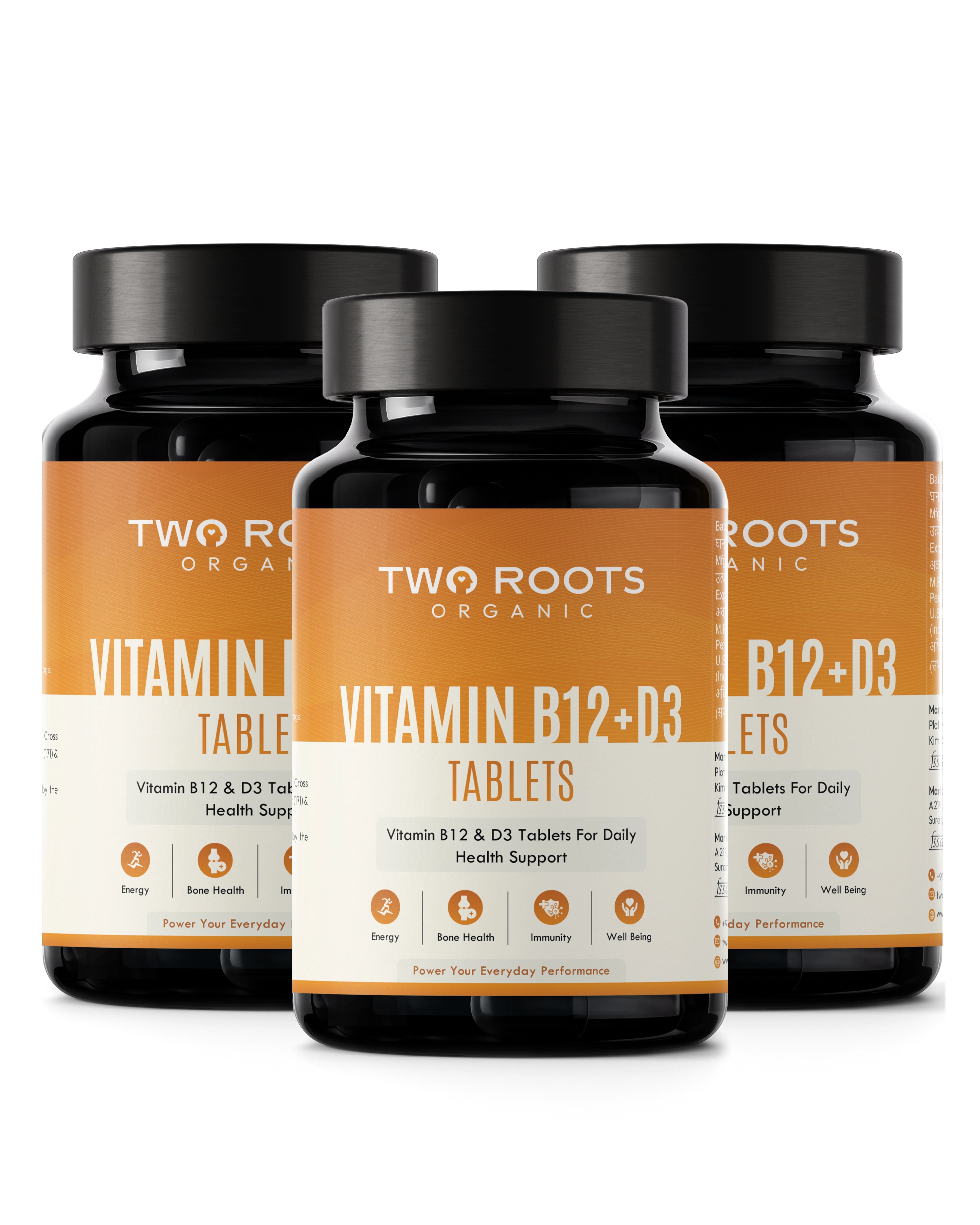 Three bottles of Two Roots Organic Vitamin B12+D3 Tablets on a white background