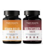 Two bottles of Two Roots Organic supplements on a white background