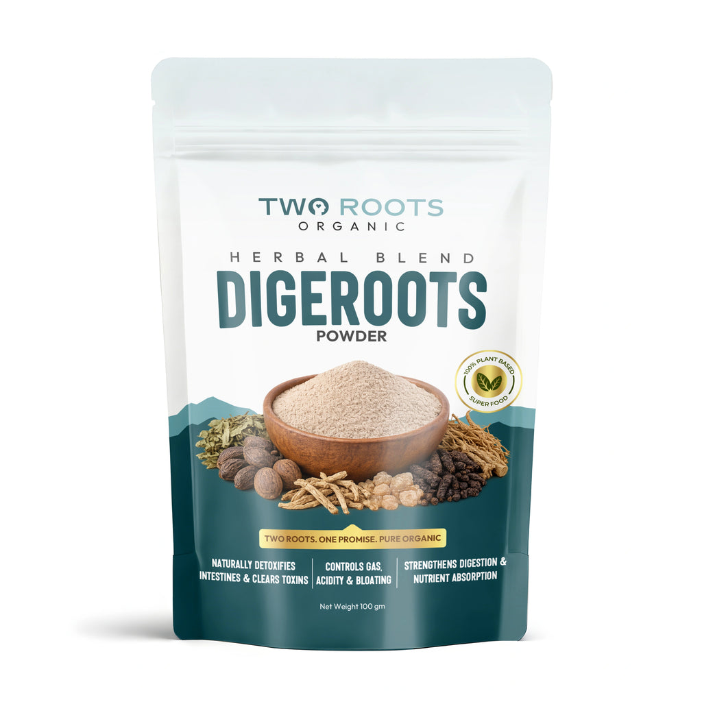 Two Roots Organic Digeroots Powder packaging on a white background