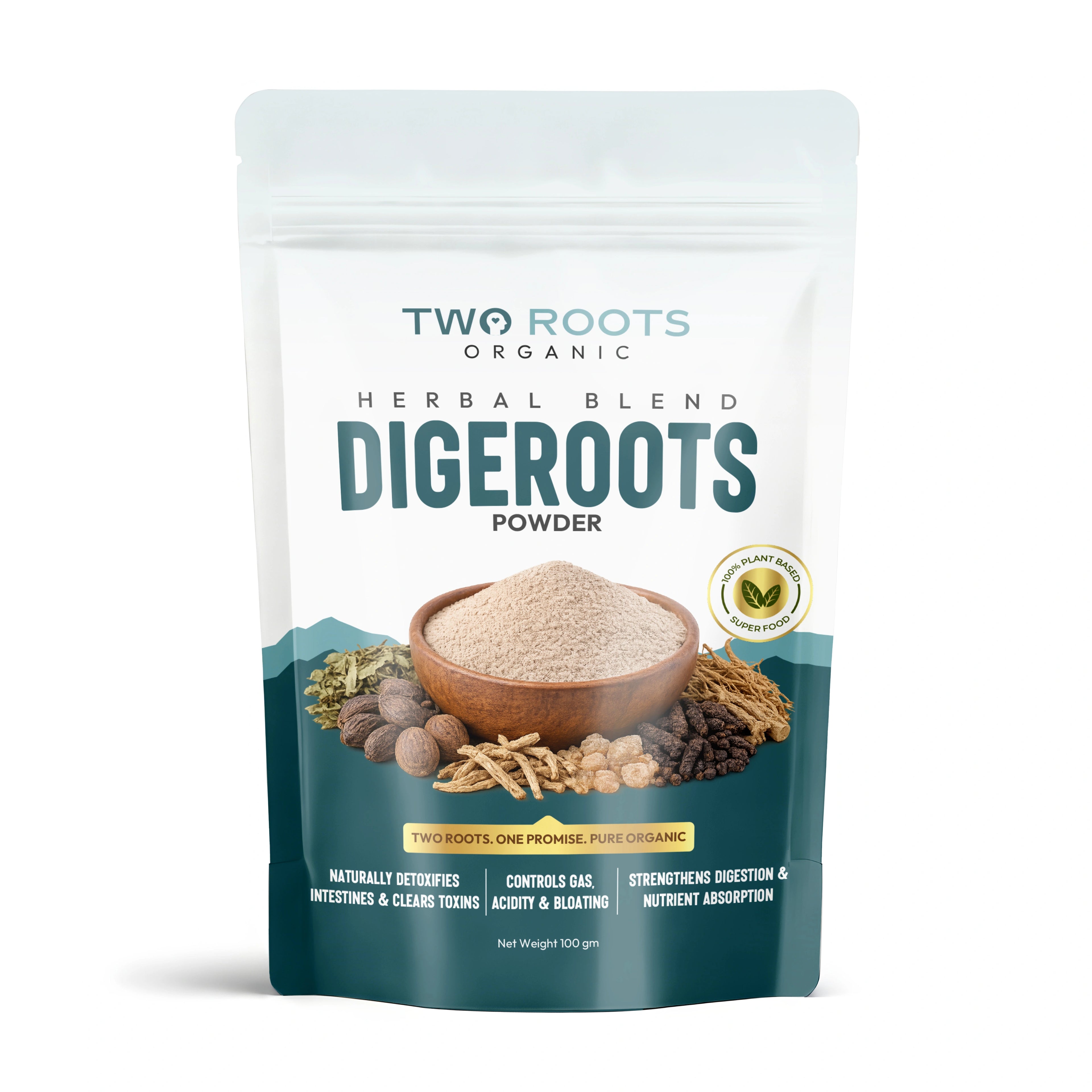 Two Roots Organic Digeroots Powder packaging on a white background