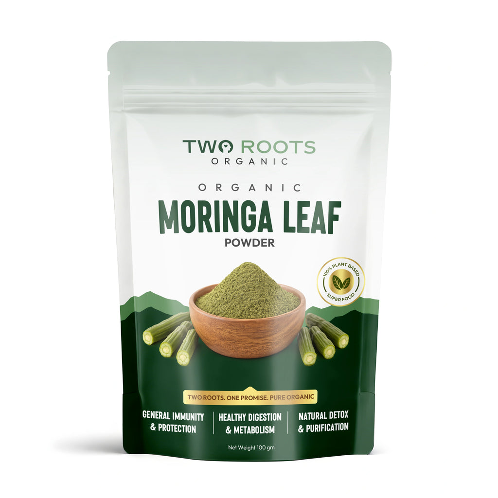 Two Roots Organic Moringa Leaf Powder packaging on a white background