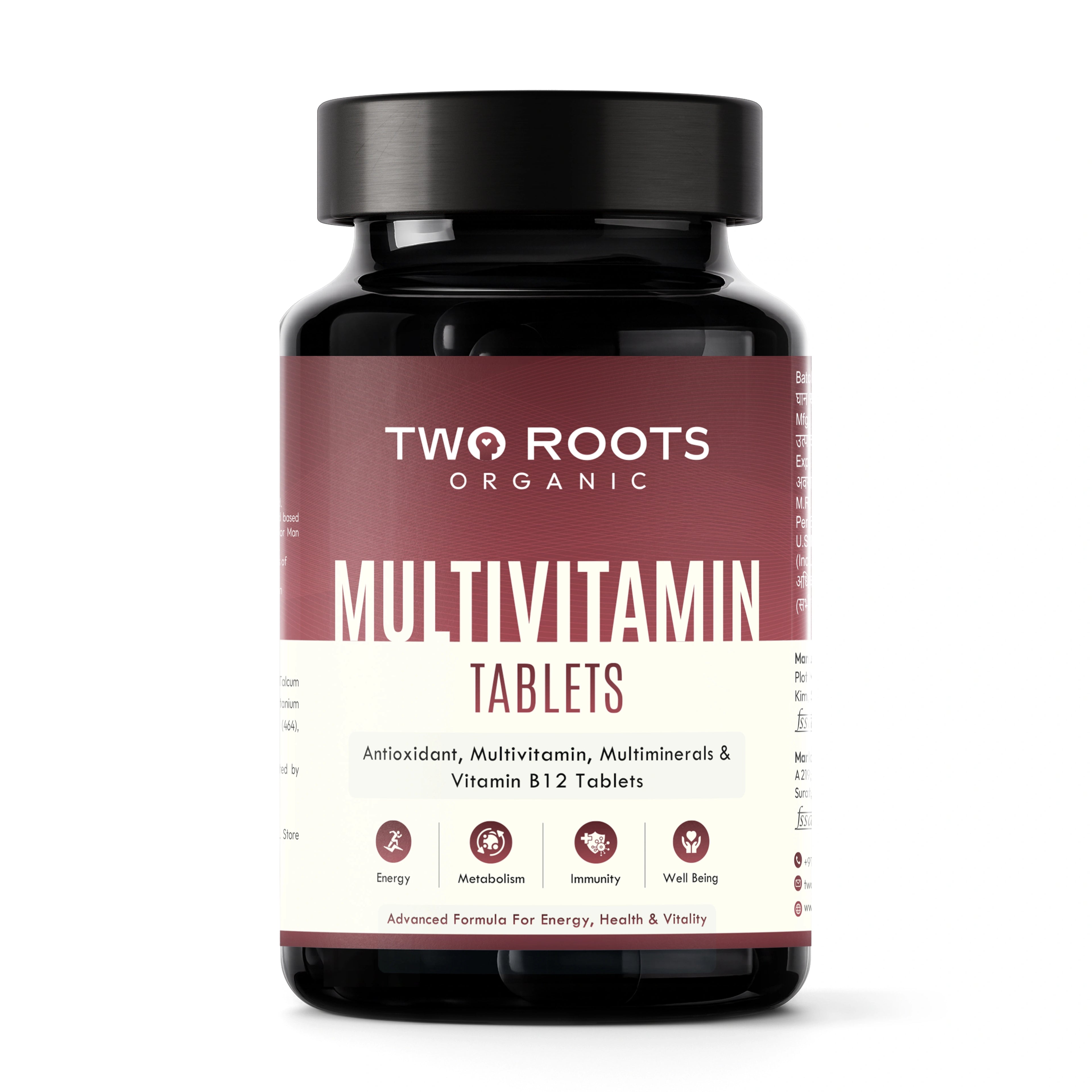 Two Roots Organic multivitamin tablets bottle on a white background