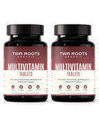 Two bottles of Two Roots Organic Multivitamin Tablets on a white background