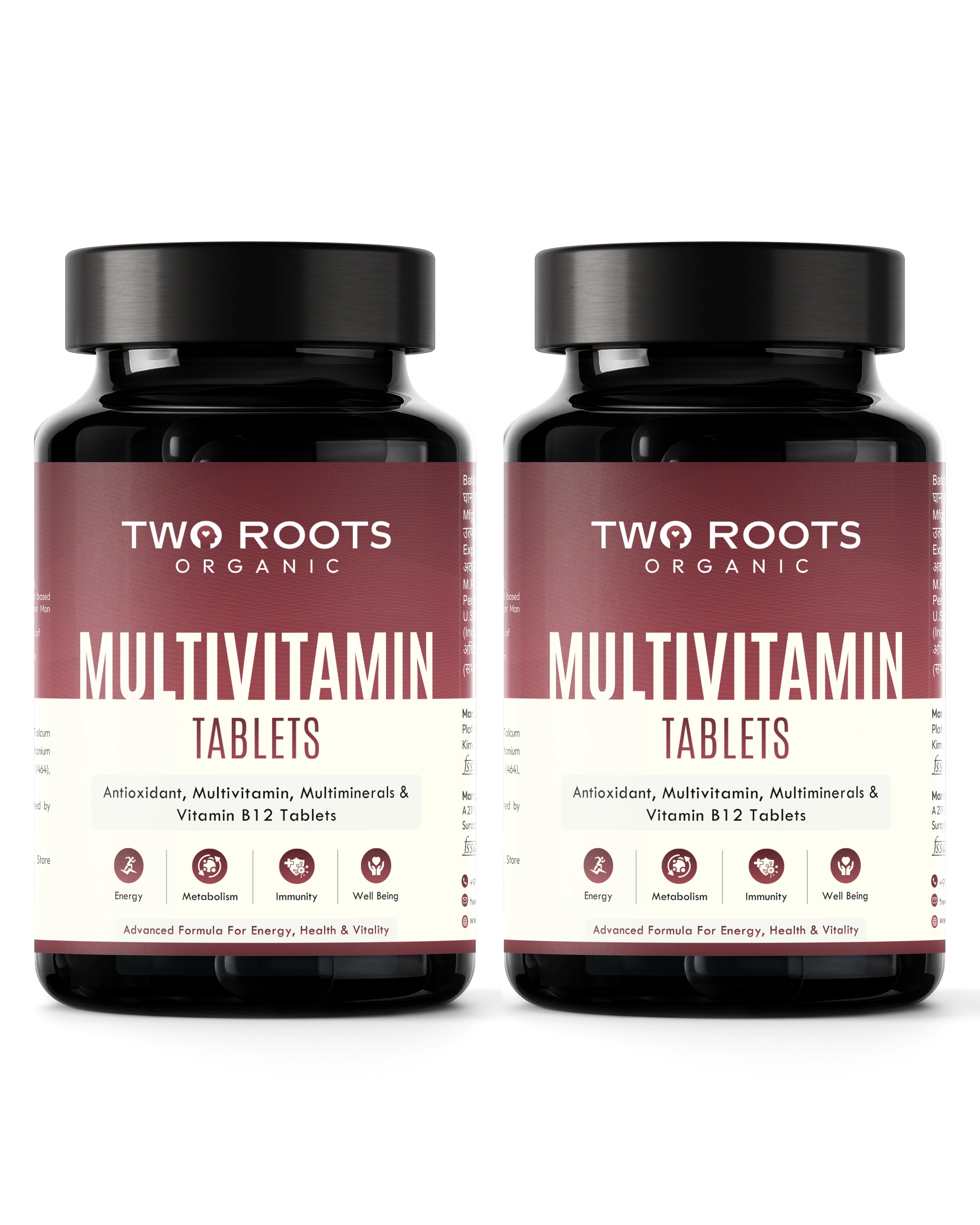 Two bottles of Two Roots Organic Multivitamin Tablets on a white background