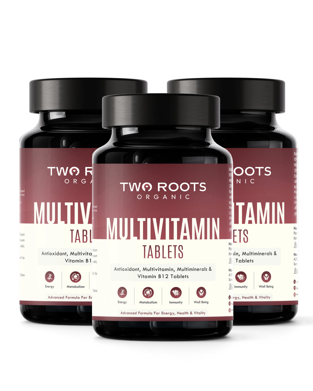Three bottles of Two Roots Organic Multivitamin Tablets on a white background