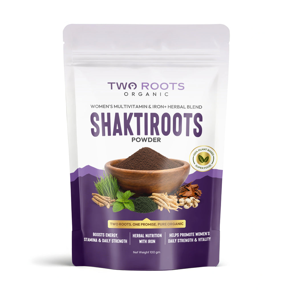 Two Roots Organic Shaktiroots powder packaging on a white background