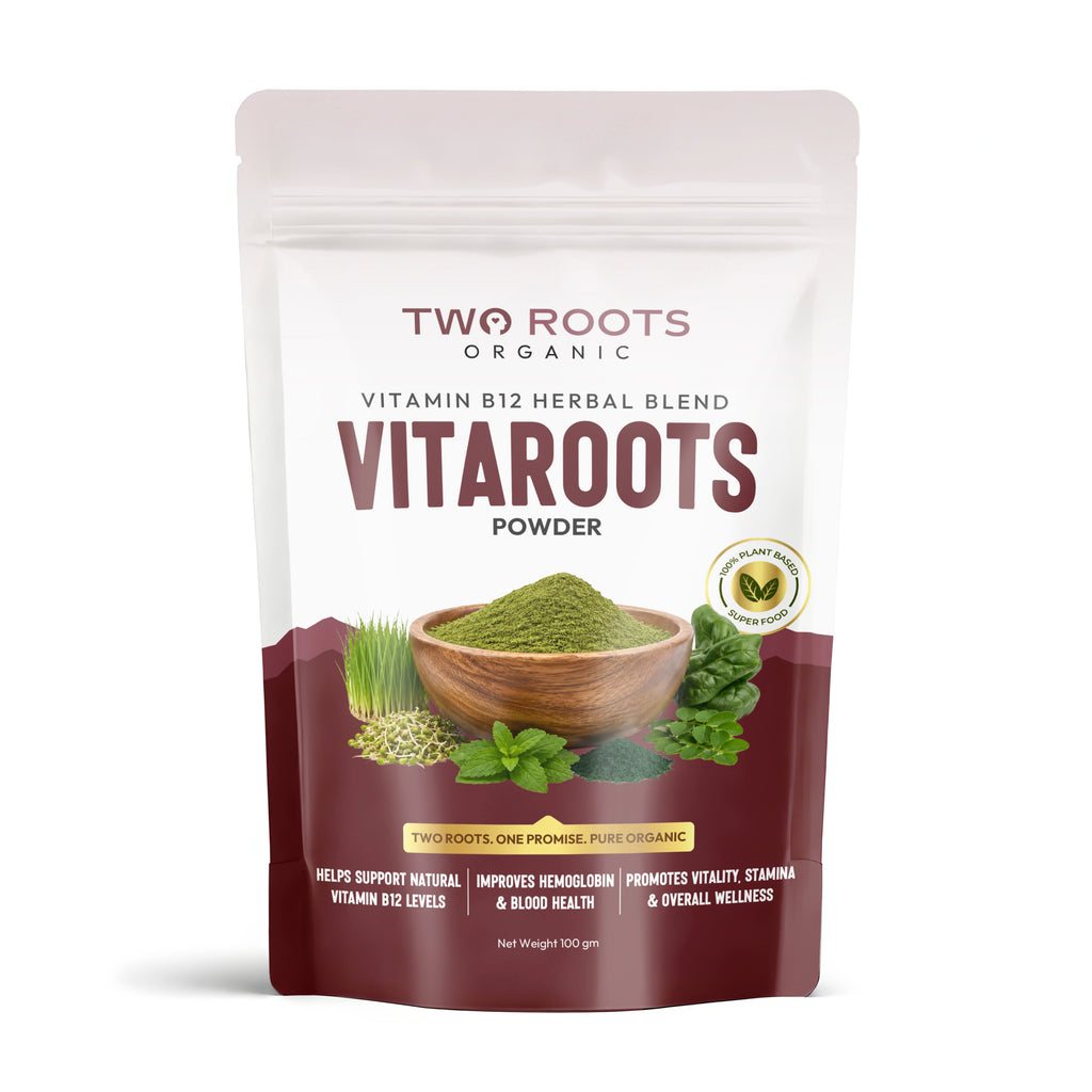 Two Roots Organic Vitaroots Powder packaging on a white background