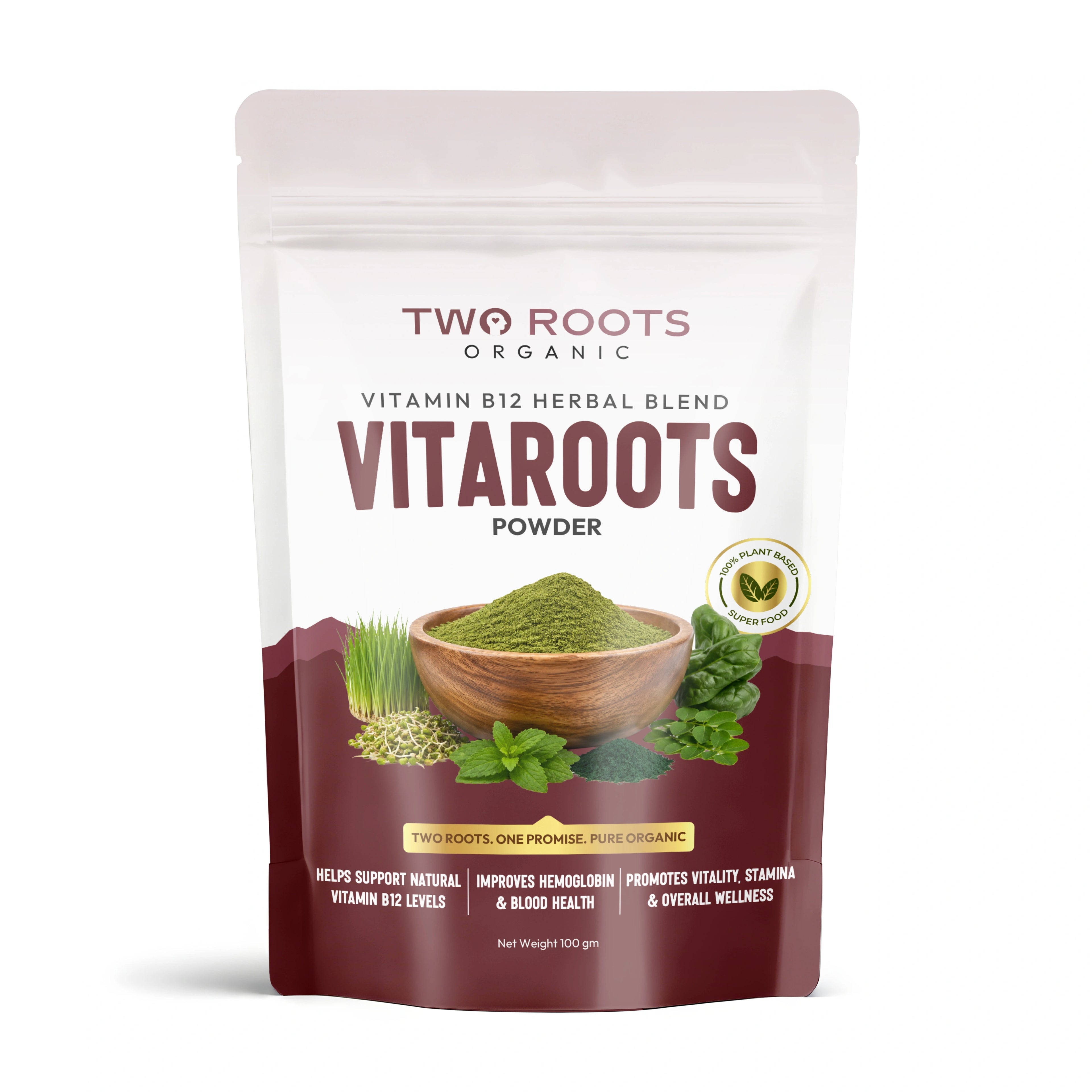 Two Roots Organic Vitaroots Powder packaging on a white background